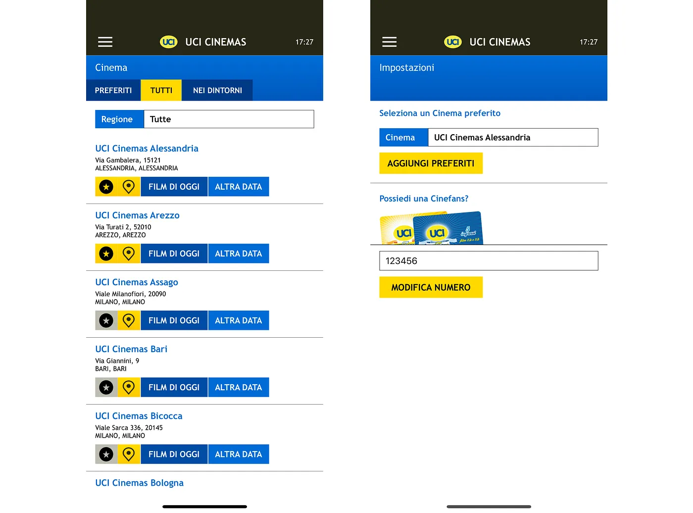 Screens related to cinema selection